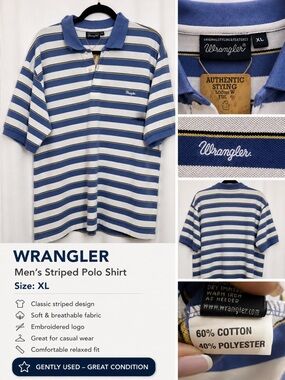 Wrangler Men's Blue and White Striped Polo Shirt